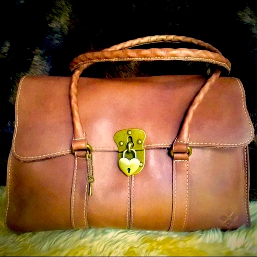 Patricia Nash Vienna Italian Leather Satchel Brass Heart Lock Key Charm Purse